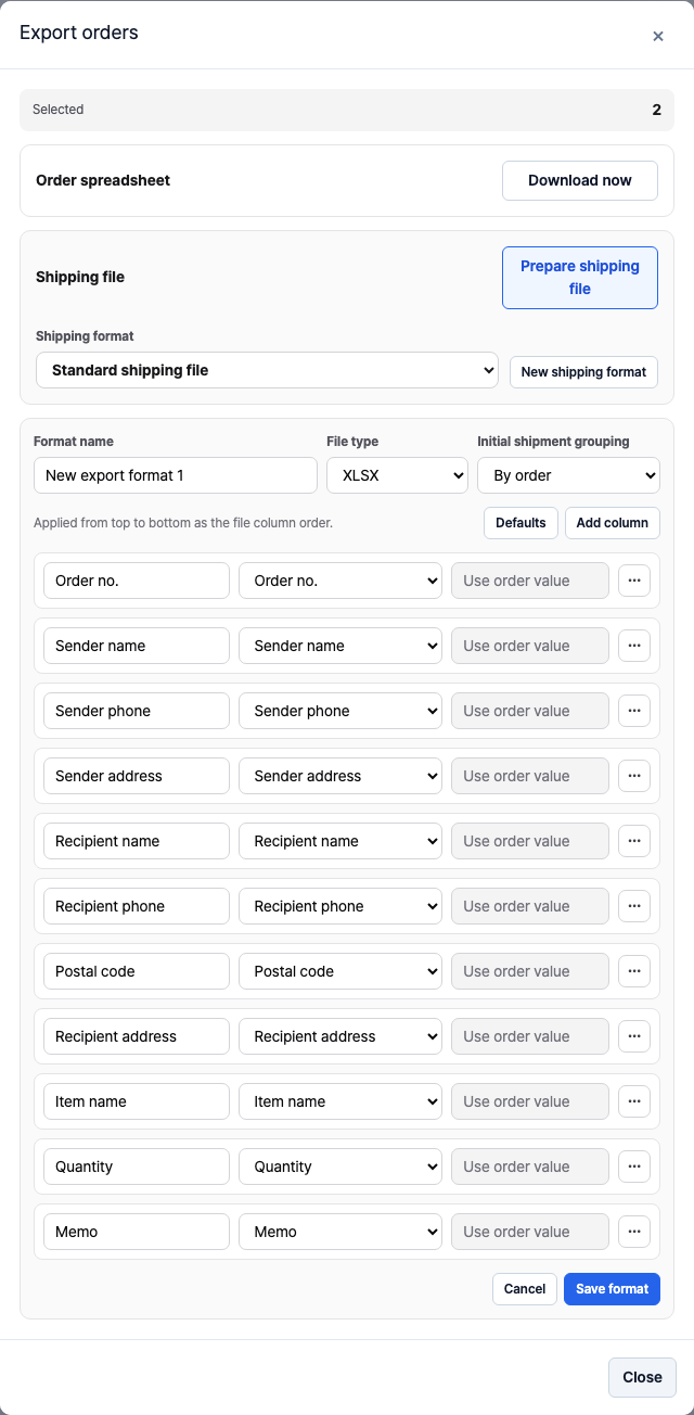Custom shipping format editor