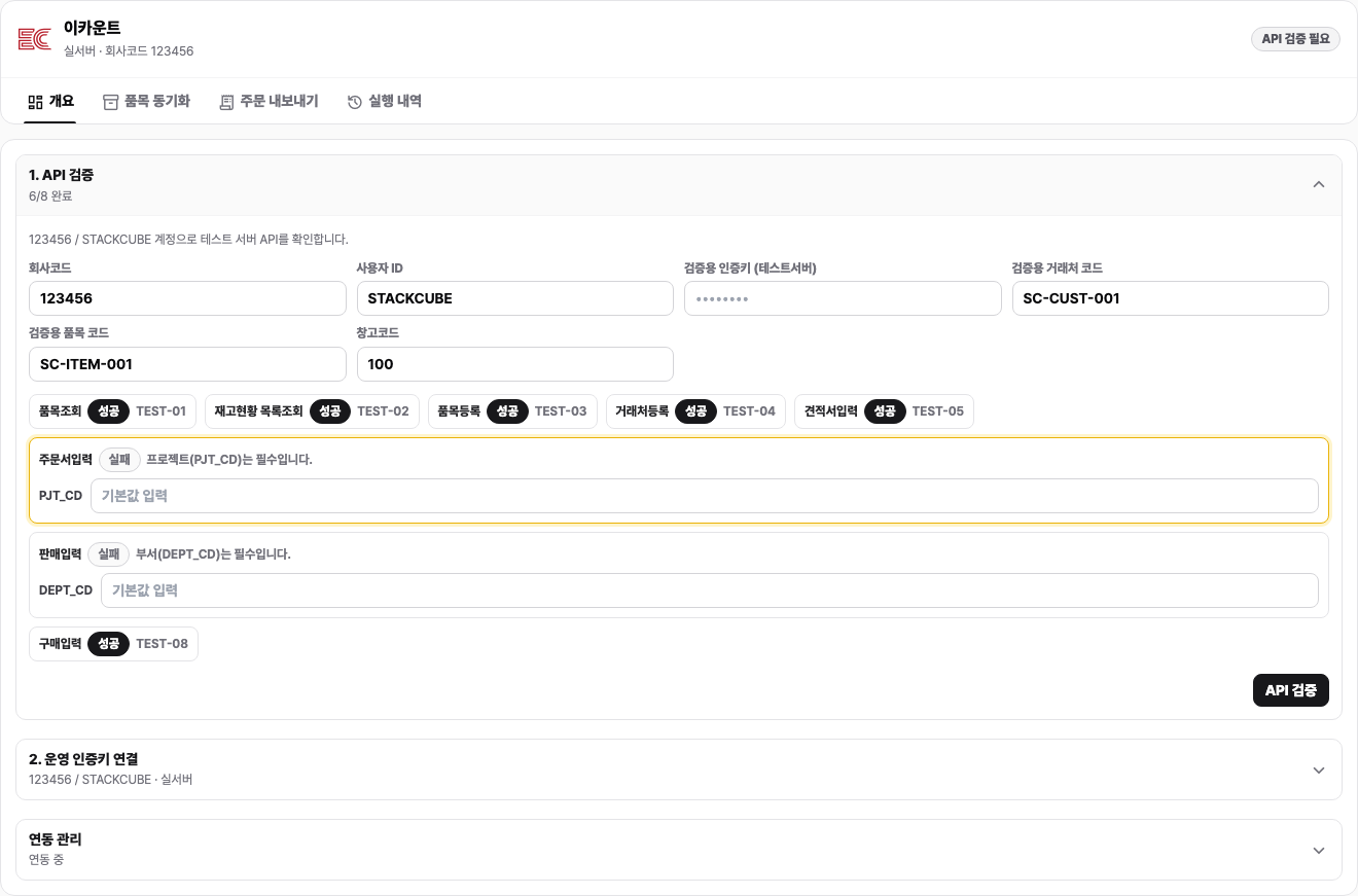 Required defaults in an Ecount API verification result