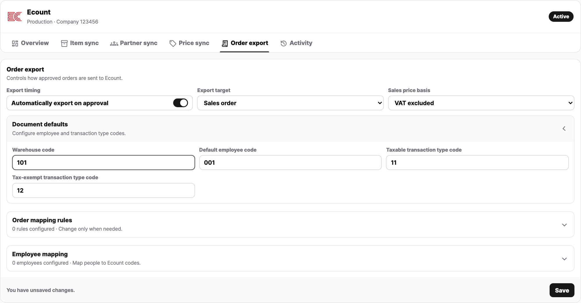 Ecount automatic order export settings