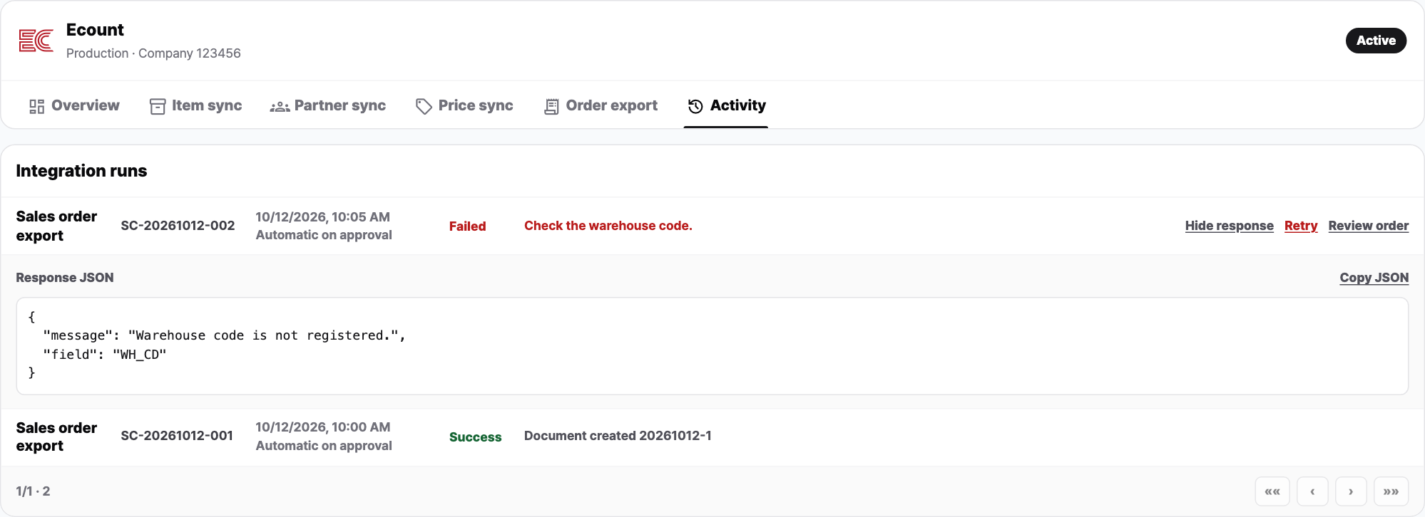 Ecount order export history