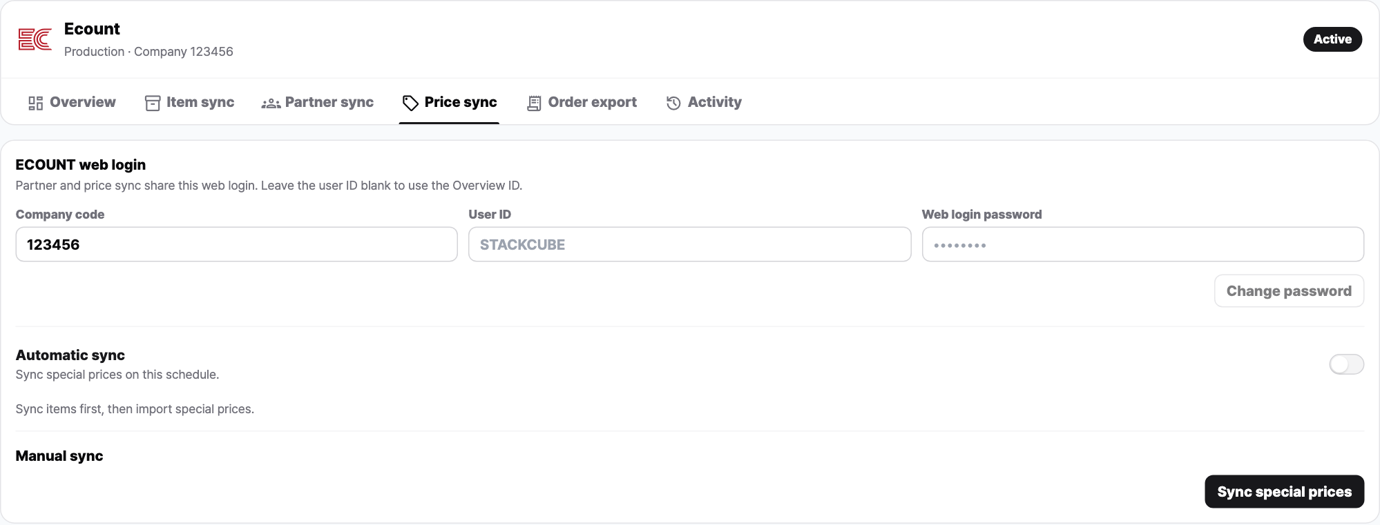 Ecount price sync settings