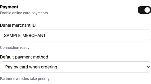 Order portal card payment settings